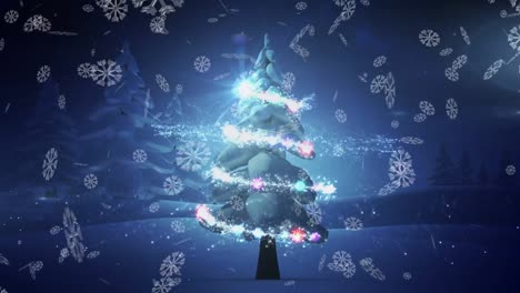 Animation-Von-Schneeflocken,-Die-über-Sternschnuppe-Und-Weihnachtsbaum-Auf-Winterlichem-Hintergrund-Fallen