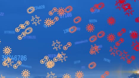 Animation-of-numbers-changing-over-covid-19-icons-and-cells-floating-on-blue-background