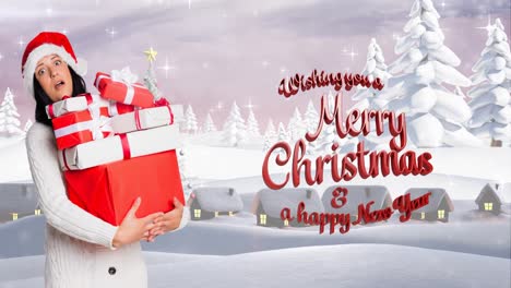 Animation-of-christmas-greetings-and-surprised-caucasian-woman-keeping-presents-over-winter-scenery