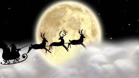 Animation-Des-Weihnachtsmanns-Im-Schlitten-Mit-Rentieren,-Die-Sich-über-Wolken-Und-Mond-Bewegen