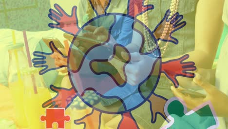 Animation-of-colourful-puzzle-pieces-and-globe-with-hands-over-friends-using-smartphone-and-tablet