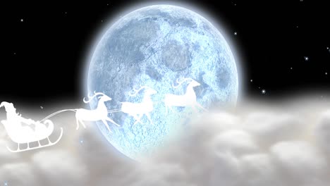 Animation-Des-Weihnachtsmanns-Im-Schlitten-Mit-Rentieren,-Die-Sich-über-Wolken-Und-Mond-Bewegen
