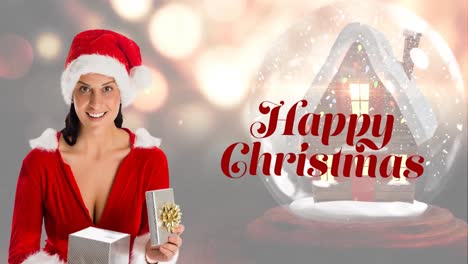 Animation-of-christmas-greetings-and-happy-caucasian-woman-opening-present-over-snow-globe