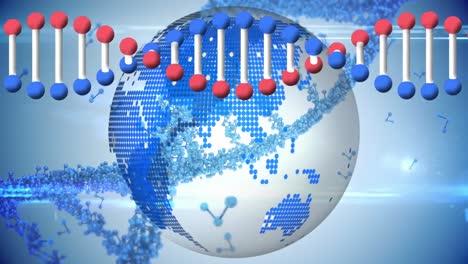 Animation-of-dna-strand-spinning-and-molecules-over-globe