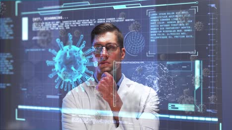 Animation-of-virus-cells-and-digital-interface-over-male-doctor