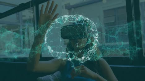 Animation-of-human-brain-and-network-of-connections-over-woman-wearing-vr-headset