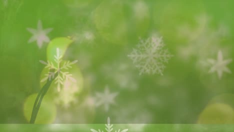 Animation-of-snow-falling-over-blurred-lights-on-green-background