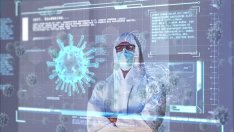 Animation-of-virus-cells-and-digital-interface-over-male-doctor-wearing-face-mask