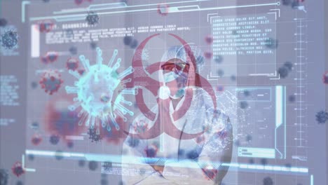 Animation-of-biohazard-icon,-virus-cells,-digital-interface-over-male-doctor-wearing-face-mask