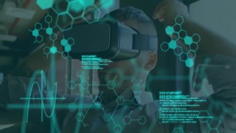 Animation-of-chemical-compounds-and-medical-data-processing-over-man-wearing-vr-headset