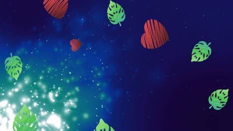 Animation-Von-Herzen-Und-Blättern,-Die-über-Helle-Flecken-Auf-Blauem-Hintergrund-Fallen