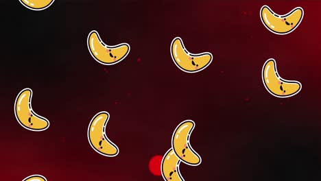Animation-of-banana-repeated-over-light-spots-on-black-background-background