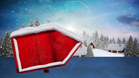 Animation-of-red-wooden-sign-board-with-snow-falling-and-winter-scenery
