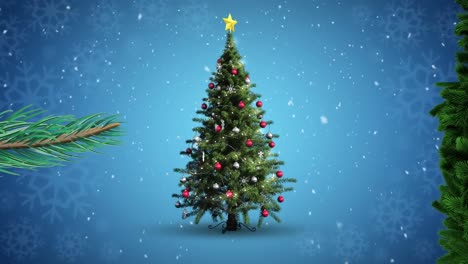 Animation-of-turning-christmas-tree-and-snow-falling-on-blue-background