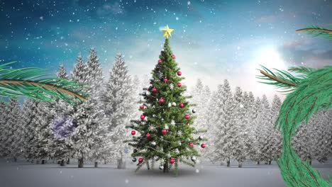 Animation-Von-Schnee,-Der-über-Den-Weihnachtsbaum-In-Der-Winterlandschaft-Fällt