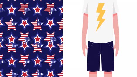 Animation-of-boy-with-face-mask-and-stars-coloured-with-flag-of-united-states-of-america
