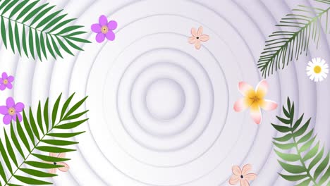 Animation-of-green-tropical-plants-and-flowers-over-circles-on-white-background