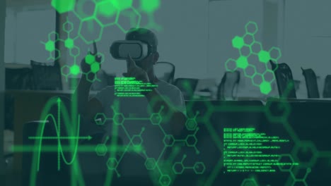Animation-of-chemical-compounds-and-medical-data-processing-over-man-wearing-vr-headset