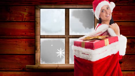 Animation-of-happy-caucasian-woman-keeping-gift-bag-over-window-decorations