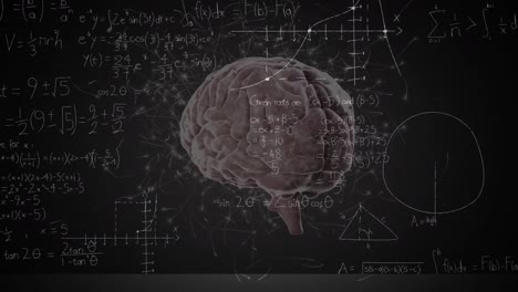 Animation-Des-Menschlichen-Gehirns,-Das-Sich-über-Mathematische-Gleichungen-Auf-Der-Tafel-Dreht