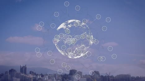 Animation-Des-Globus-Und-Netzwerks-Von-Verbindungen-über-Der-Stadtlandschaft