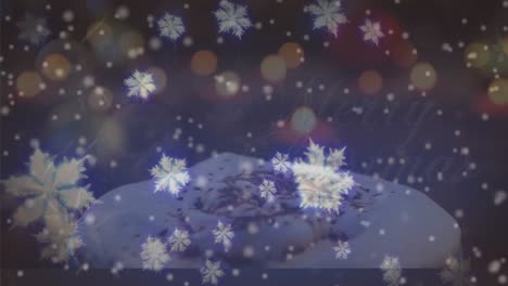 Animation-of-snow-falling-over-blurred-lights-and-cup-of-coffee