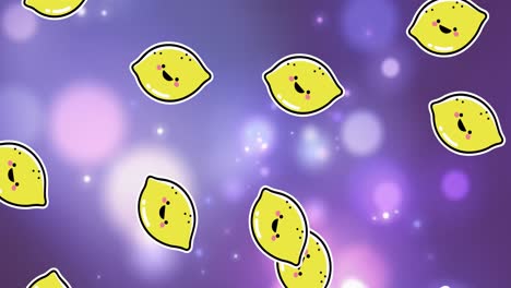 Animation-of-lemon-repeated-over-light-spots-on-purple-background