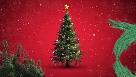 Animation-of-turning-christmas-tree-and-snow-falling-on-red-background