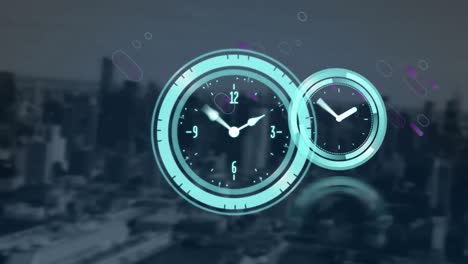 Animation-of-clocks-and-lights-trails-over-cityscape