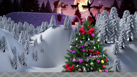 Animation-of-christmas-tree-with-snow-falling-and-winter-scenery