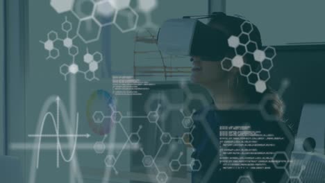 Animation-of-chemical-compounds-and-medical-data-processing-over-woman-wearing-vr-headset