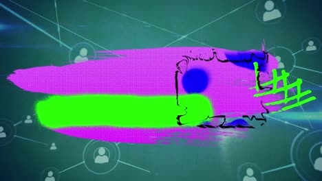 Animation-Eines-Violetten-Und-Grünen-Flecks-über-Einem-Netzwerk-Von-Verbindungen-Auf-Grünem-Hintergrund