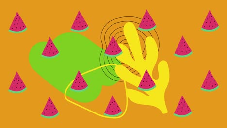 Animation-Einer-Wassermelone,-Die-Sich-über-Formen-Auf-Orangefarbenem-Hintergrund-Dreht