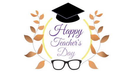 Animation-of-happy-teacher's-day-text-over-graduate-hat-icon-on-white-background