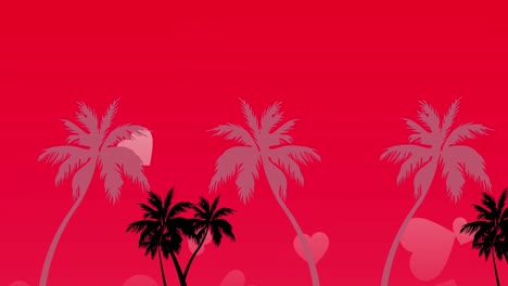 Animation-of-palm-trees-and-hearts-over-red-background