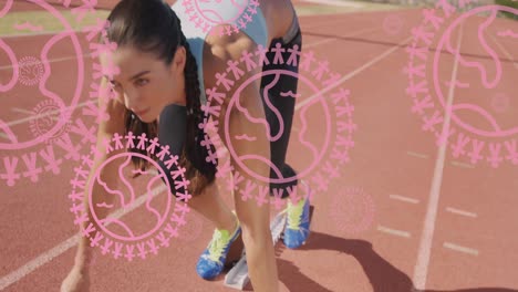 Animation-of-pink-globe-and-people-logos,-floating-over-female-runner-on-running-track