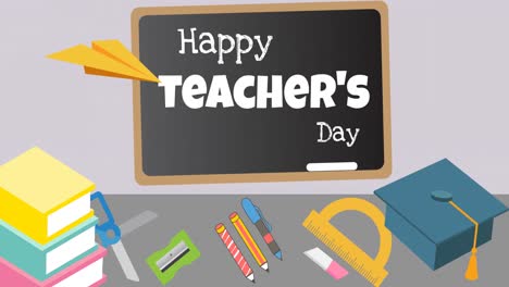 Animation-of-happy-teacher's-day-text-over-school-icons-on-green-background
