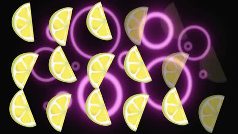 Animation-Einer-Zitrone,-Wiederholt-über-Violetten-Kreisen-Auf-Schwarzem-Hintergrund