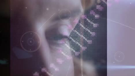 Animation-Eines-Sich-Drehenden-DNA-Strangs-Mit-Netzwerken-Von-Verbindungen-über-Dem-Gesicht-Einer-Frau