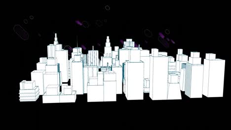 Animation-of-purple-trails-of-lights-over-3d-cityscape-drawing