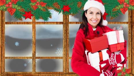 Animation-of-happy-caucasian-woman-keeping-presents-over-window-with-christmas-decorations