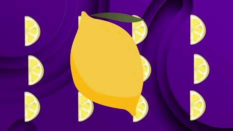 Animation-of-lemon-repeated-over-shapes-on-purple-background