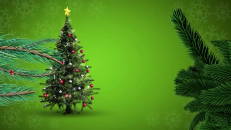 Animation-of-turning-christmas-tree-and-snow-falling-on-green-background