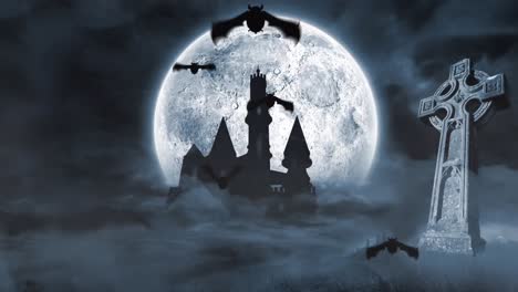 Animation-of-bats-flying-out-of-castle-over-full-moon-and-grave