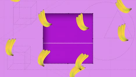 Animation-Einer-Banane,-Die-Sich-über-Formen-Auf-Violettem-Hintergrund-Wiederholt