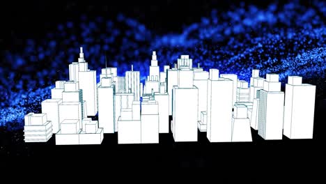Animation-of-blue-glowing-wave-over-3d-cityscape-drawing