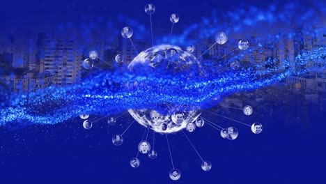 Animation-Einer-Blauen-Welle-über-Dem-Globus-Und-Eines-Netzwerks-Von-Verbindungen-über-Dem-Stadtbild