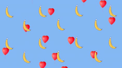 Animation-Von-Bananen-Und-Herzen,-Wiederholt-Auf-Blauem-Hintergrund