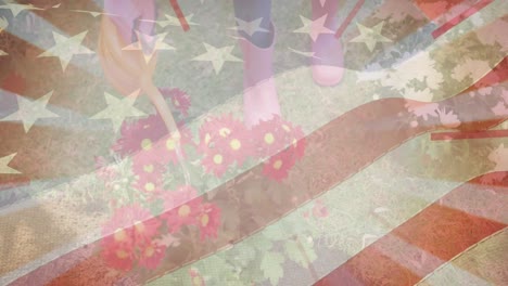 Animation-of-american-flag-over-woman-working-in-garden