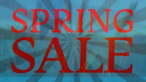 Animation-of-spring-sale-text-over-stripes-spinning-and-man-walking-in-meadow